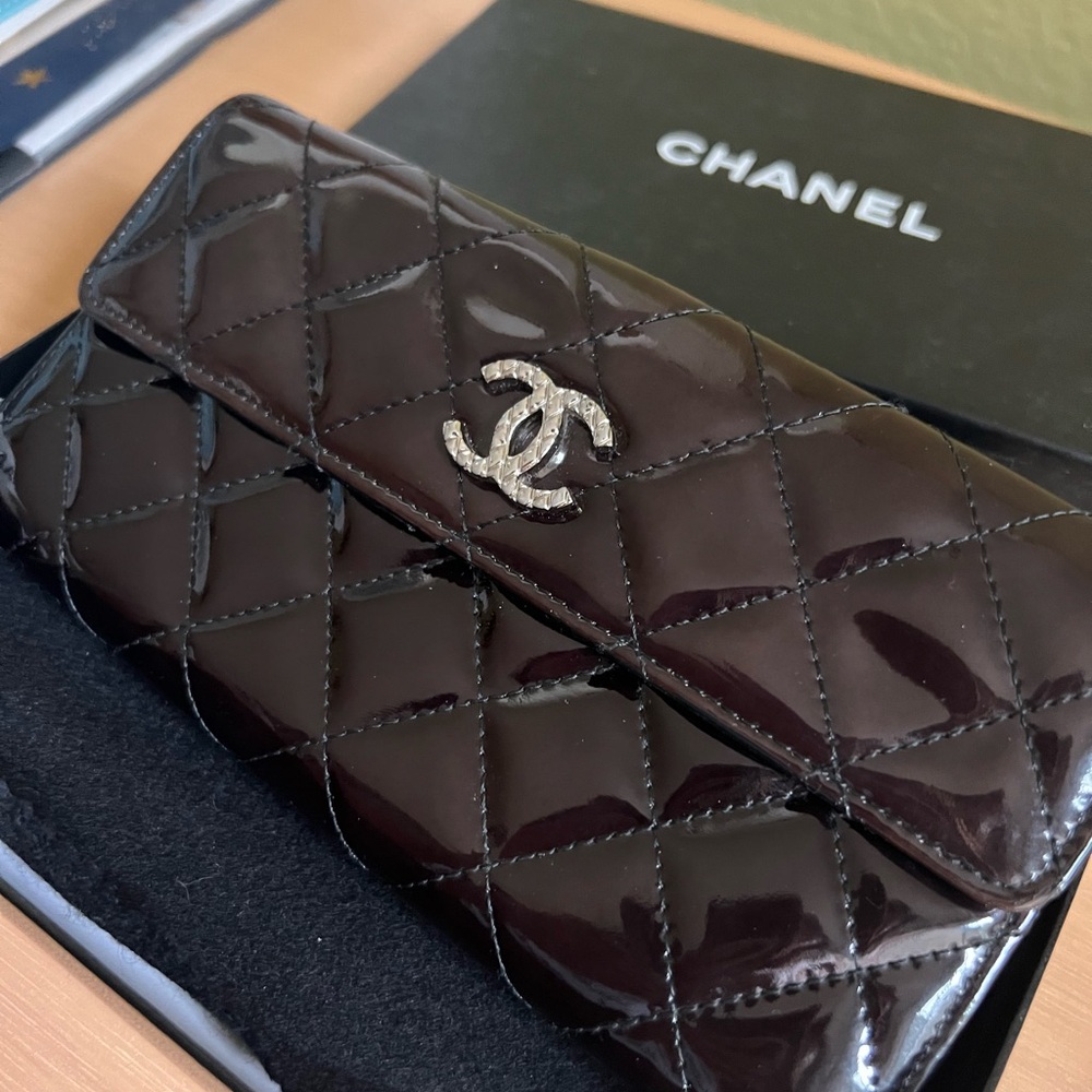 CHANEL Quilted Patent Leather Deep Burgundy/Brown Wallet with COA